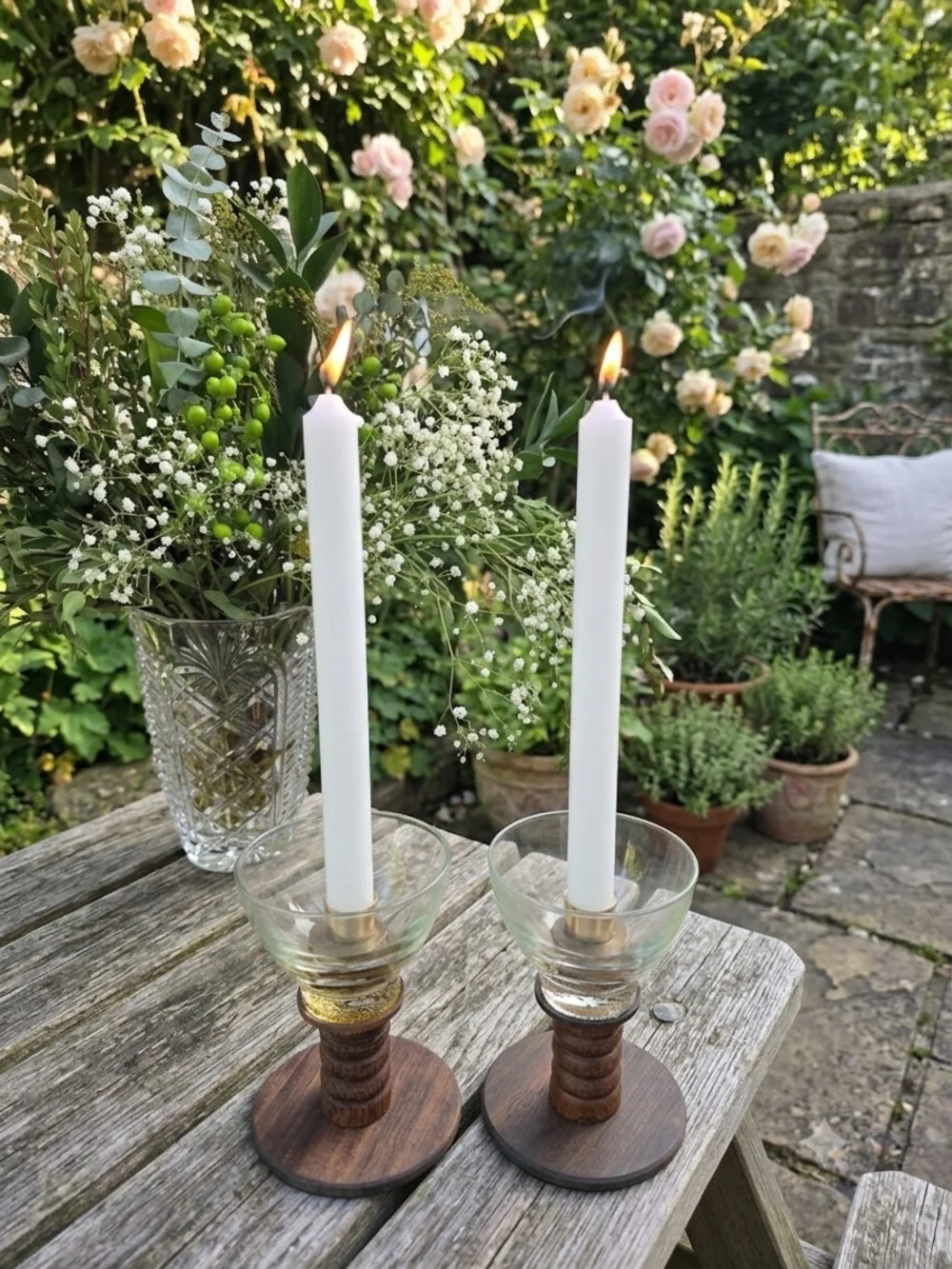 VNTG Swedish MCM candlestick holders Turned wood Glass bobeches Brass inserts